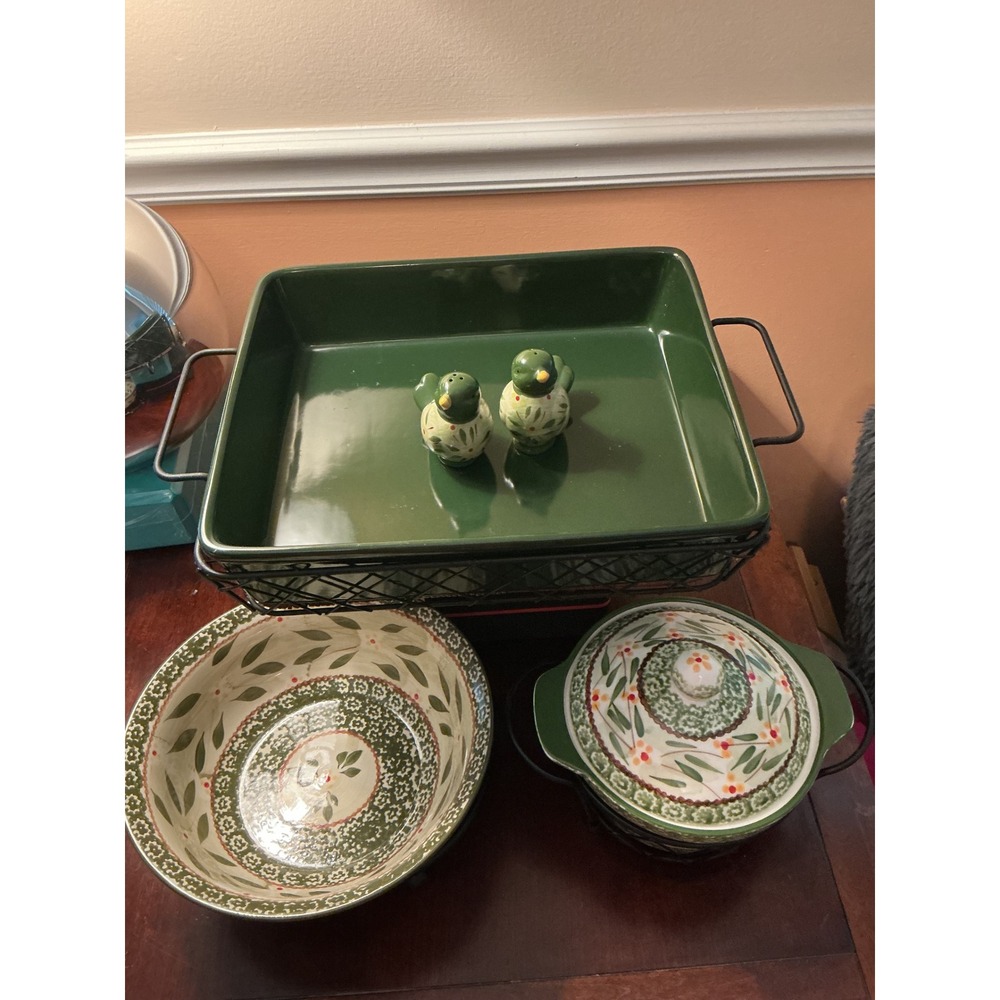 Temp-tations Old World Green 8pc Vintage Casserole Serving Set Bird S&P Shakers